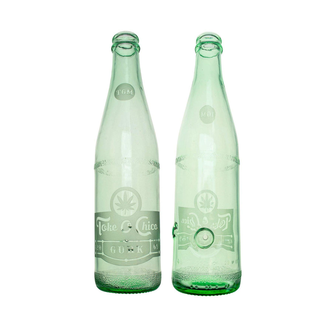 Two glass pipes designed to resemble Topo Chico sparkling water bottles, with a bowl and carb discreetly tucked in the back.