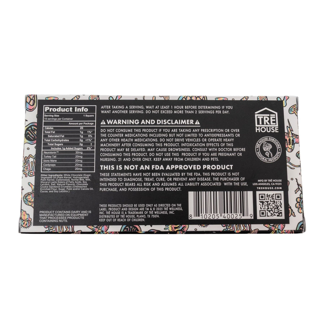 "Backside of a TreHouse Mushroom Chocolate Bar in the flavor variation Cookies and Cream on a white background," - Up N Smoke.