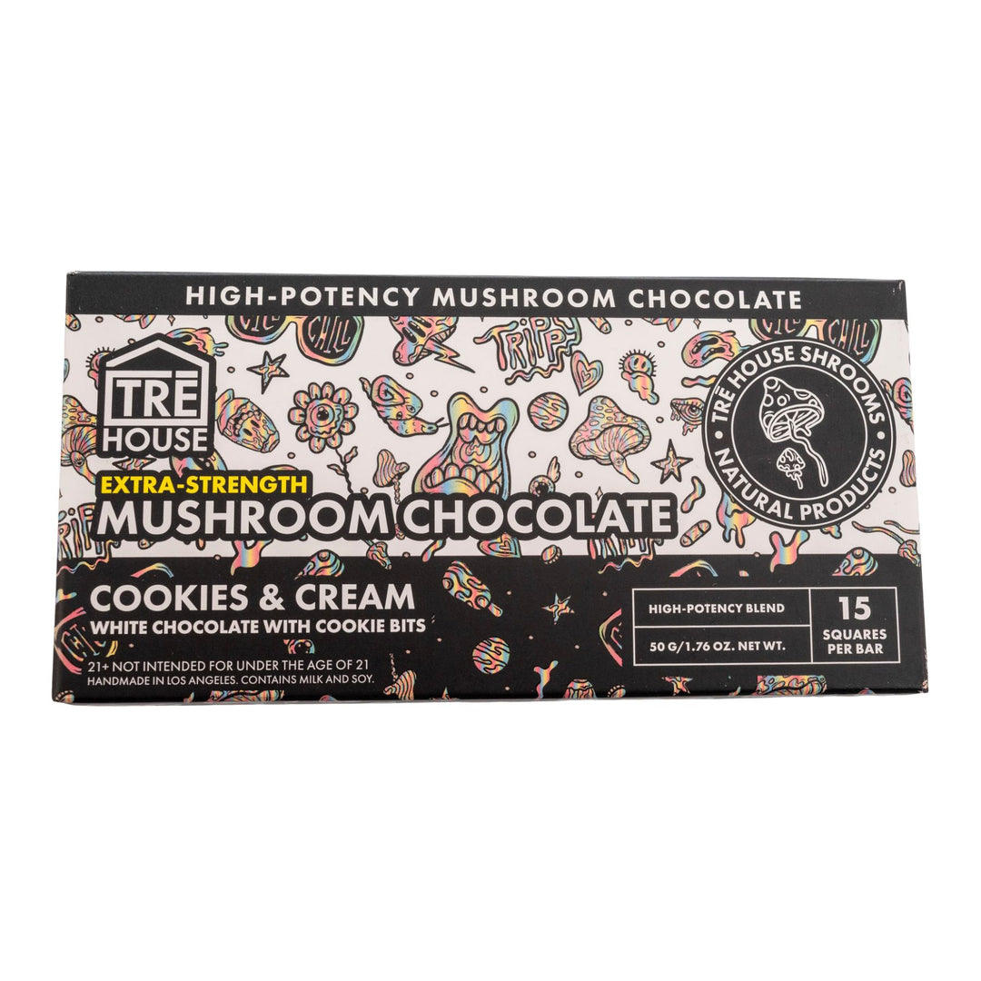"Cookies and Cream TreHouse Mushroom Chocolate Bar on a white background," - Up N Smoke.