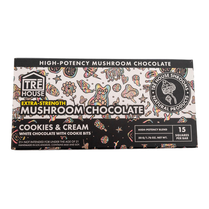 "Cookies and Cream TreHouse Mushroom Chocolate Bar on a white background," - Up N Smoke.
