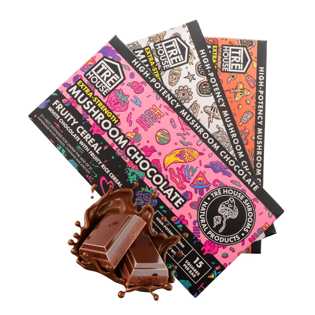 "Three bars of Extra-Strength TreHouse Mushroom Chocolate Bars on a white background," - Up N Smoke.