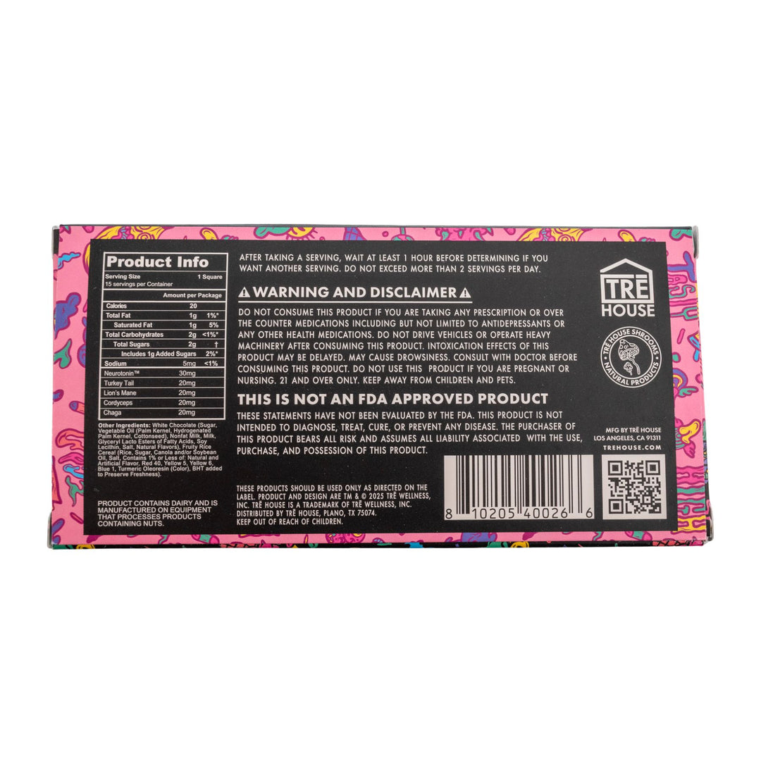 "Backside of a TreHouse Fruity Cereal Mushroom Chocolate on a white background," - Up N Smoke.