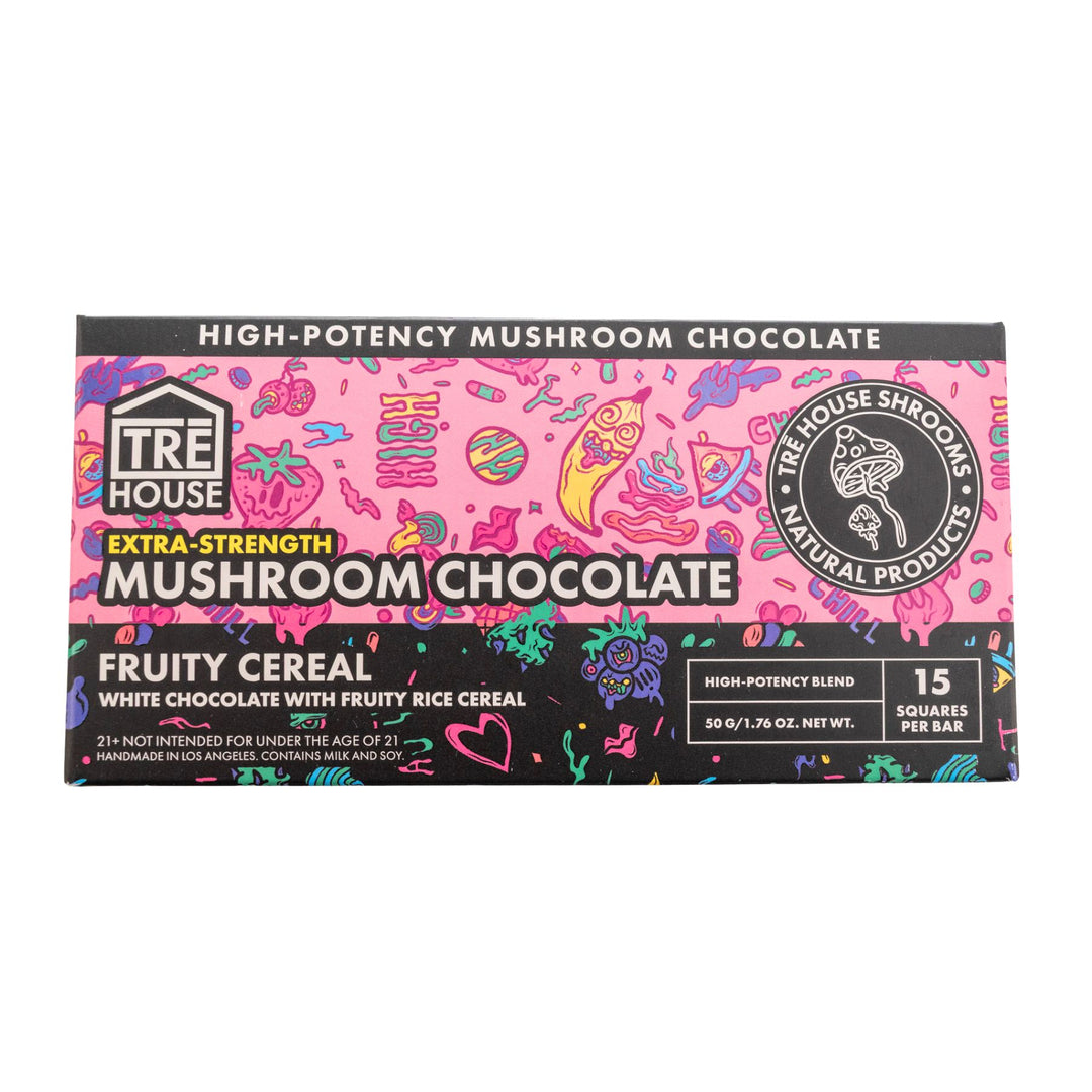 "Fruity Cereal TreHouse Extra-Strength Mushroom Chocolate on a white background," - Up N Smoke.