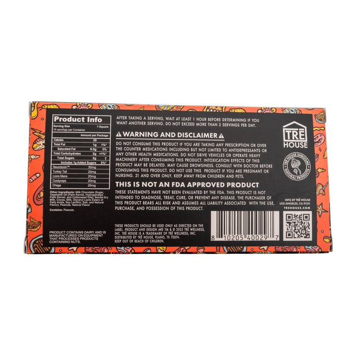 "Backside of a Peanut Butter TreHouse Mushroom Chocolate Bar on a white background," - Up N Smoke.