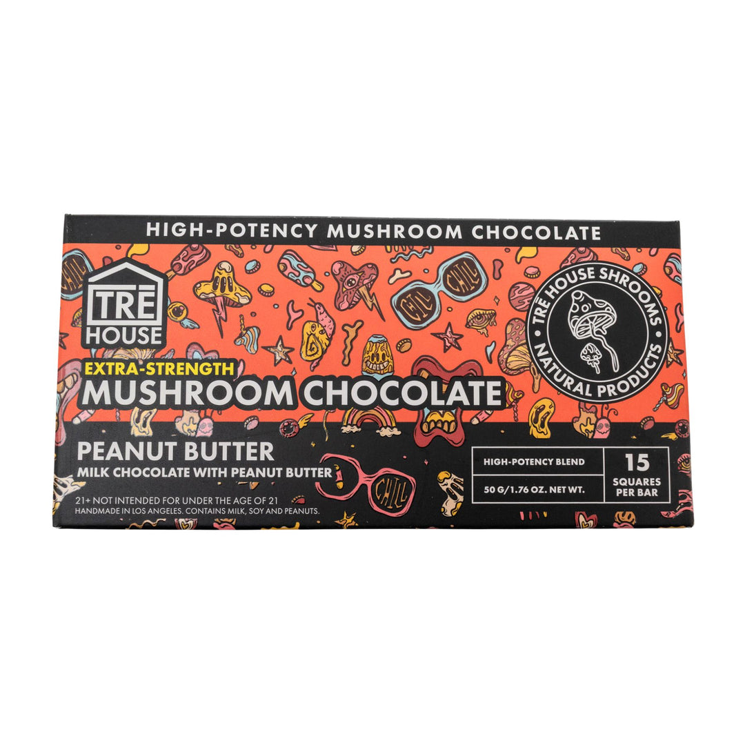 "Front of a Peanut Butter TreHouse Mushroom Chocolate Bar on a white background," - Up N Smoke.