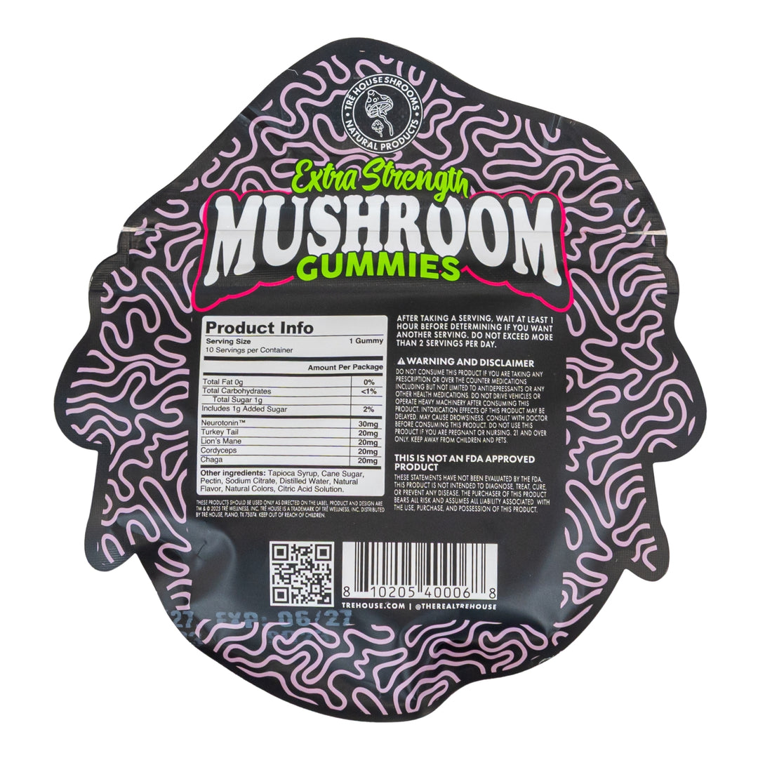TRE House Mushroom Gummies Extra Strength sour cherry back of packaging photo on a white background - Up N Smoke