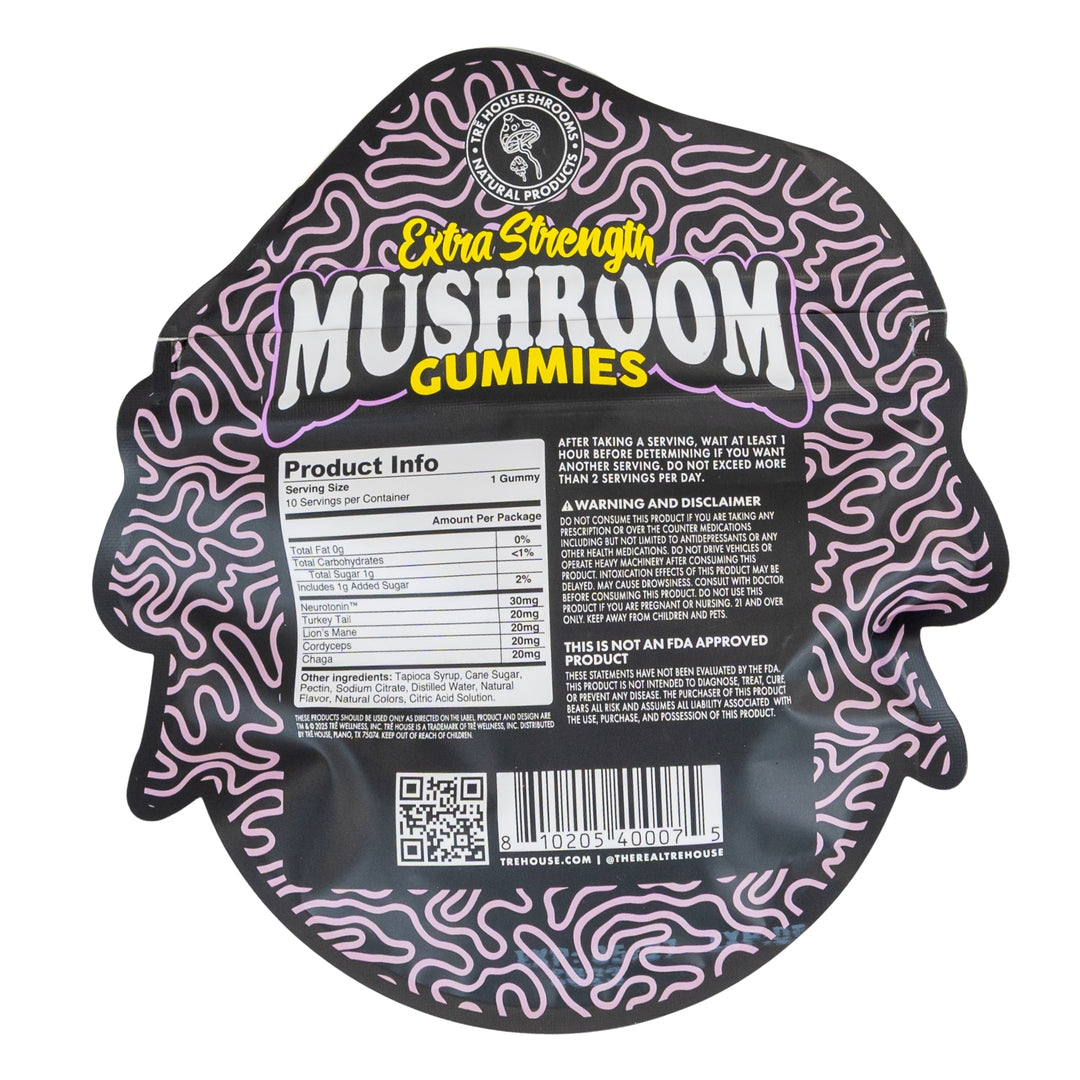 TRE House Mushroom Gummies Extra Strength sour grape back of packaging photo on a white background - Up N Smoke