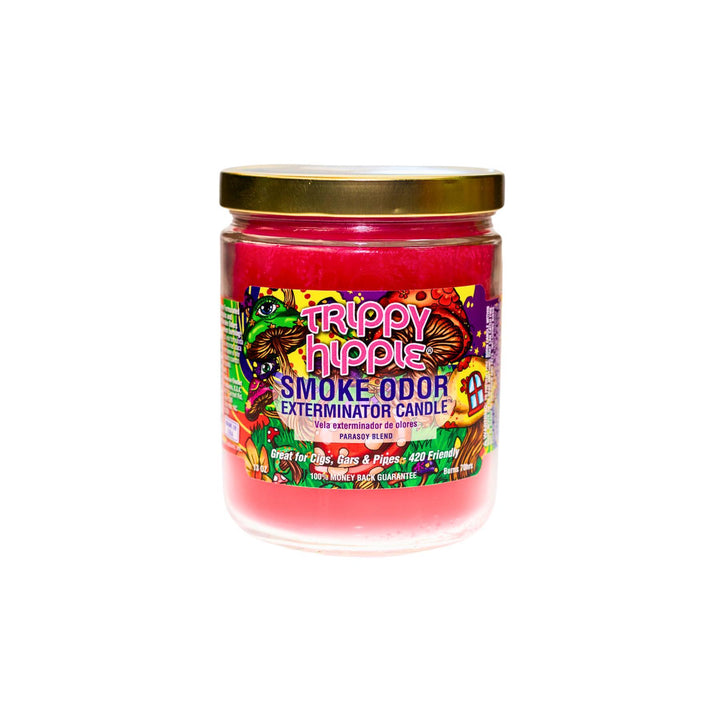  "Close-up of the Trippy Hippie Smoke Odor Exterminator Candle. The jar features a colorful, psychedelic label with vibrant patterns and designs. The candle inside has a smooth, light-colored wax, and the label emphasizes its sweet and tart fragrance blend, designed to effectively neutralize smoke and other odors." - Up N Smoke.