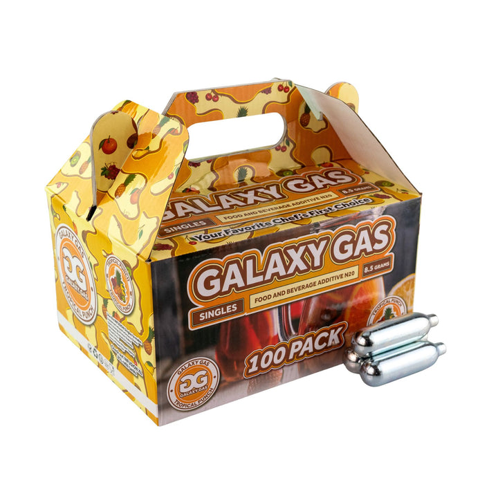 "Side angle of a 100ct box of Tropical Punch Galaxy Gas with three cartridges in front on a white background," - Up N Smoke.