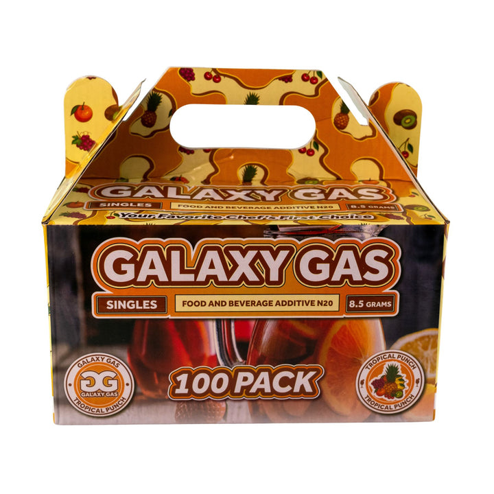 "Front of a 100ct box of Tropical Punch Galaxy Gas on a white background," - Up N Smoke.