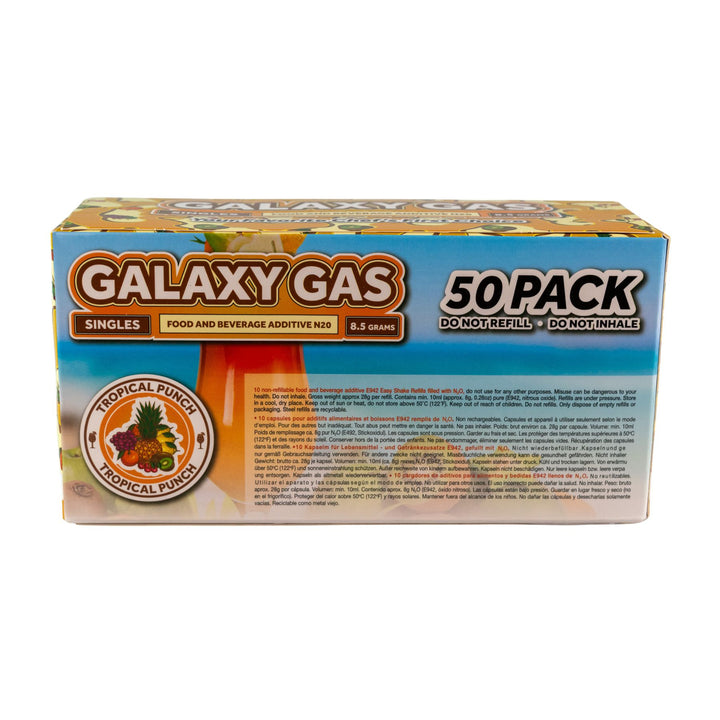 "Back of a 50ct box of Tropical Punch Galaxy Gas on a white background," - Up N Smoke.