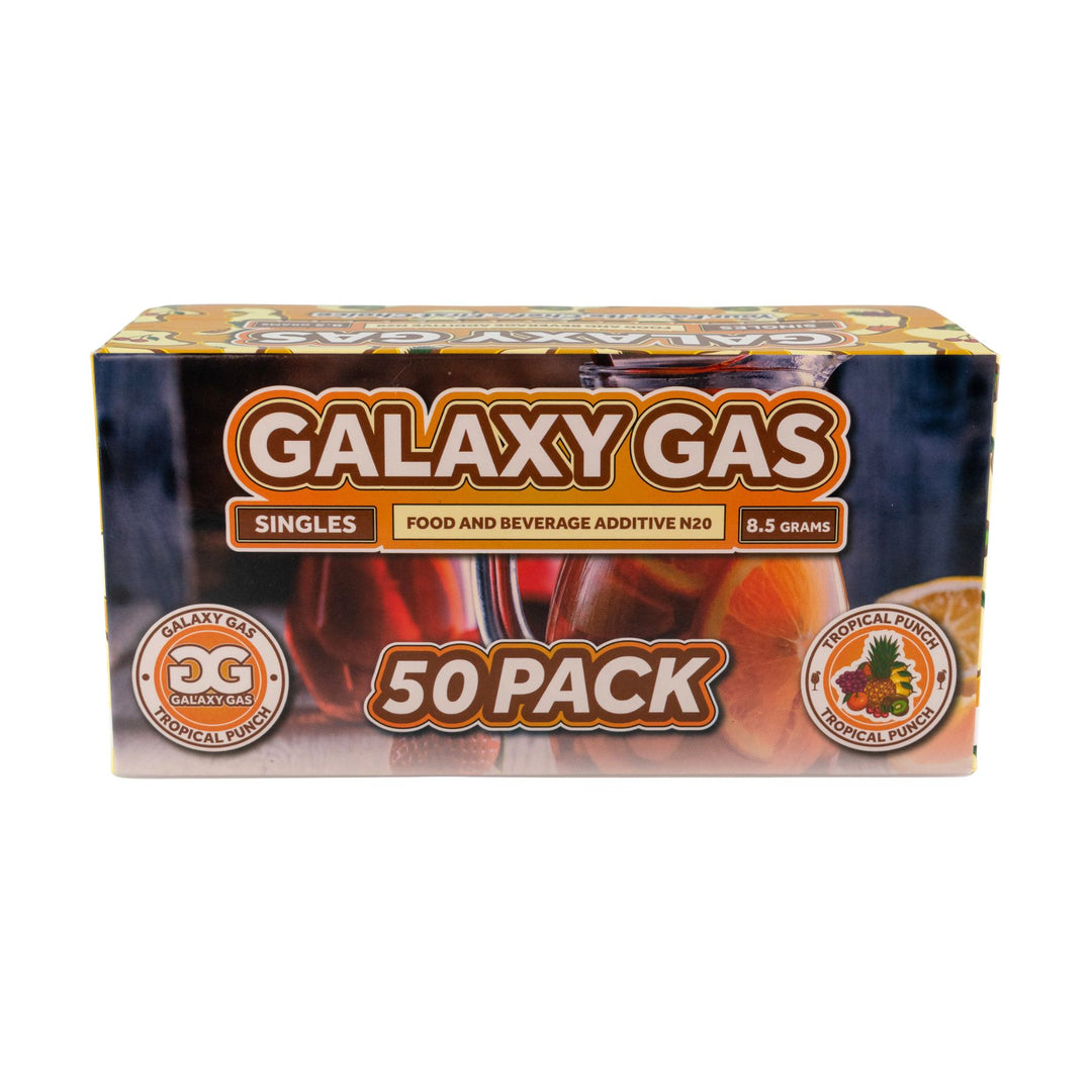 "Front of a box of a 50ct Tropical Punch Galaxy Gas on a white background," - Up N Smoke.