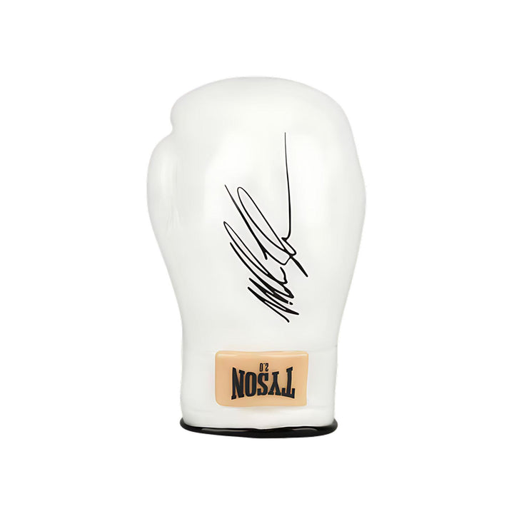 "A white Mike Tyson Boxing Glove hand pipe, photographed from the exterior, featuring Mike Tyson's signature in black on the outside." - Up N Smoke.