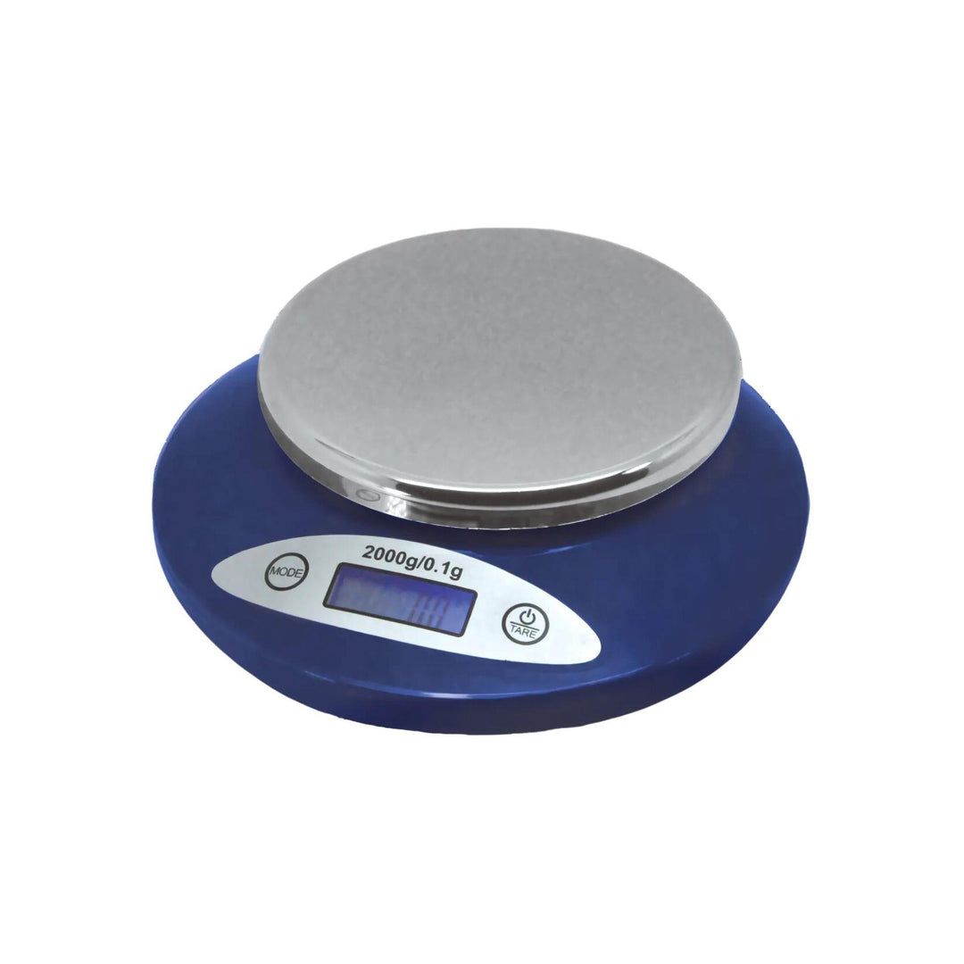 "Side view of the US-TOP-2000 Digital Scale with its 4.7-inch chromed platform and sleek navy design." - Up N Smoke.