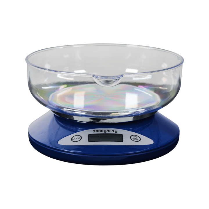 "US-TOP-2000 Digital Scale in navy, featuring a chromed platform with an included bowl placed on top for weighing loose items." - Up N Smoke.