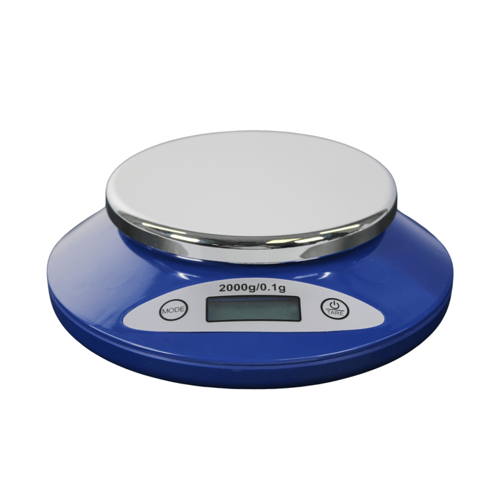 "Front view of the US-TOP-2000 Digital Scale with its 4.7-inch chromed platform and sleek navy design." - Up N Smoke.