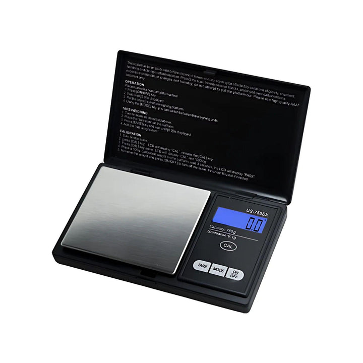 "Close-up of the US-750EX Digital Pocket Scale showcasing its backlit LCD display and sleek design, ideal for accurate measurements up to 750g." - Up N Smoke.