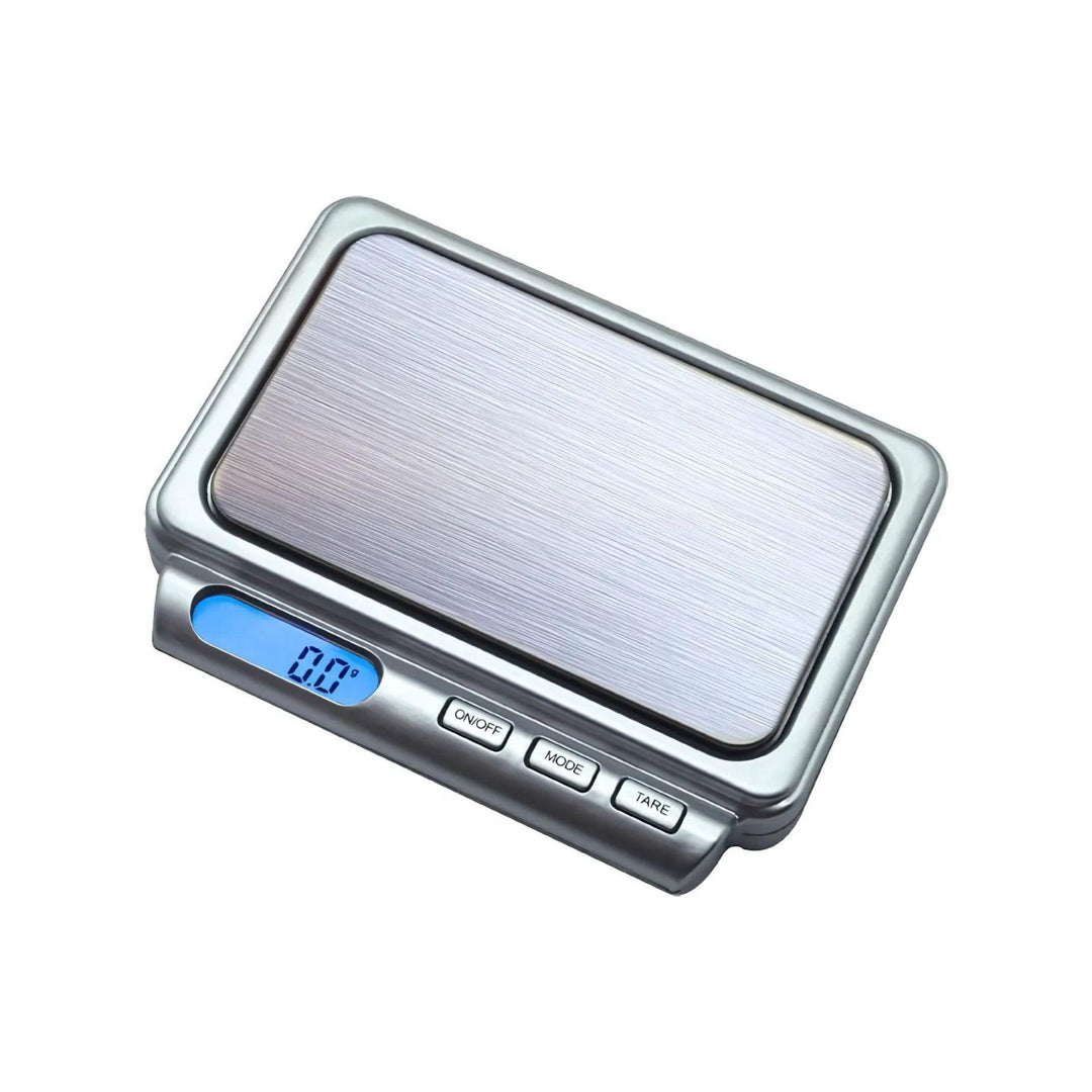 "A US-BEST 500g x 0.1g Digital Pocket Scale by US-BALANCE without its lid, showcasing the stainless steel weighting platform." - Up N Smoke.