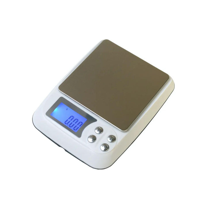 "An open US-BOSS 500g x 0.01g Digital Pocket Scale showing its stainless steel weighing platform and backlit LCD display." - Up N Smoke.