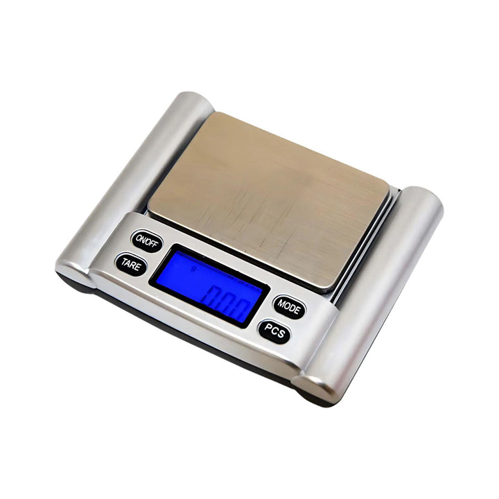 "A US-CYLINDER 100g x 0.01g Pocket Scale has its lid removed, revealing its stainless steel platform and backlit LCD display." - Up N Smoke.