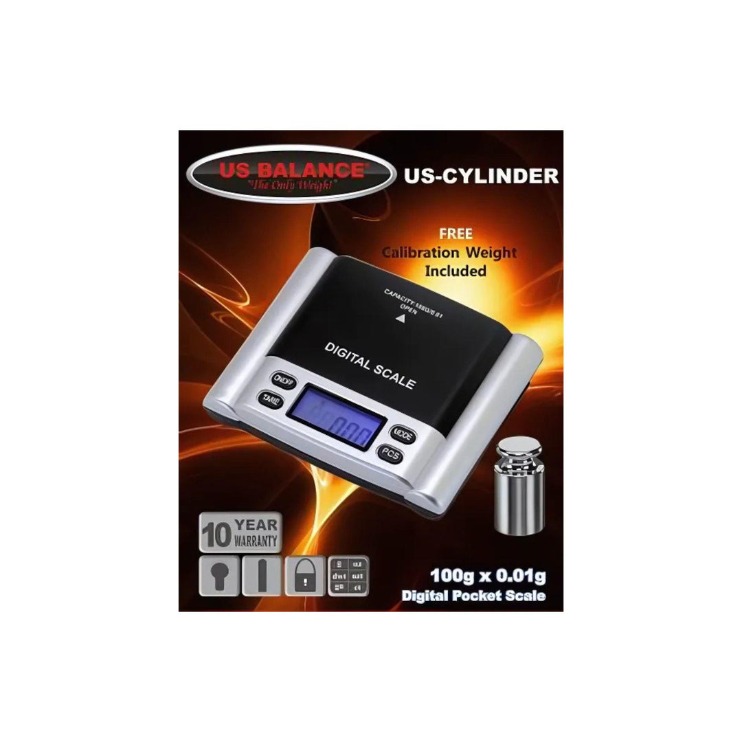 "The packaging of a US-CYLINDER 100g x 0.01 pocket scale by US-BALANCE. This model offers a maximum weigh of 600g with a 0.1g accuracy." - Up N Smoke.