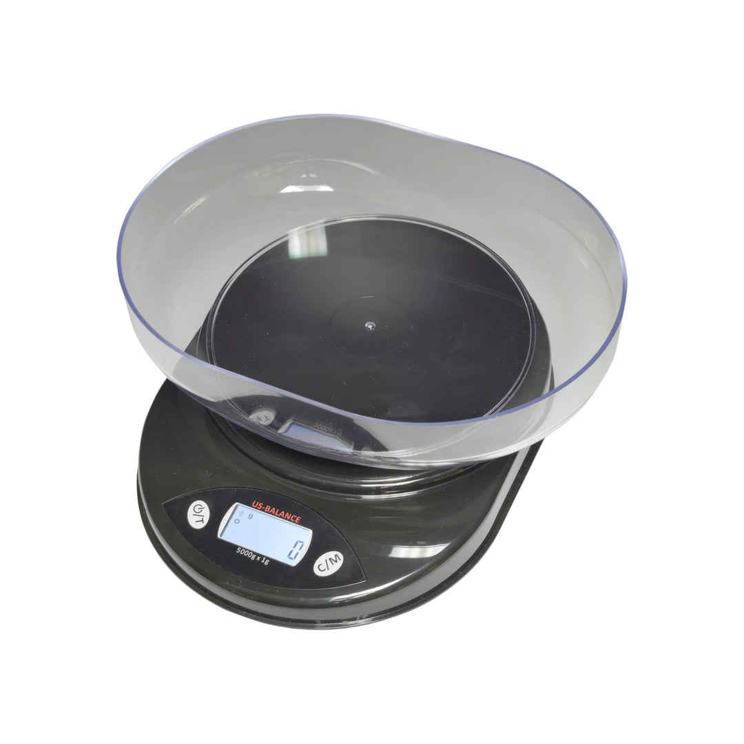 "US-K5000 digital table-top scale (5000g x 1g) with its lid flipped upside down on the weighing platform." - Up N Smoke.