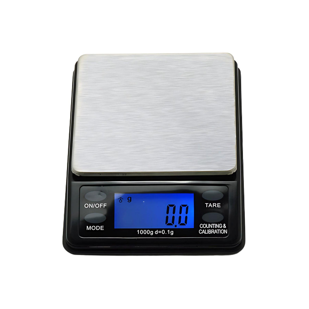 "The US-MINIBENCH Digital Scale displayed with its backlit LCD screen and stainless steel platform." - Up N Smoke.