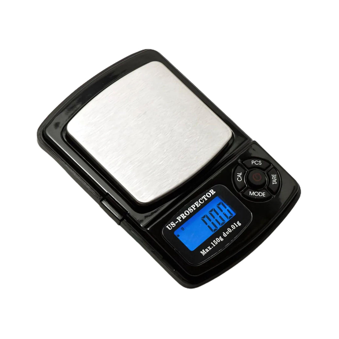 "The US-PROSPECTOR 150g x 0.01g Digital Pocket Scale with a stainless steel platform and backlit LCD display." - Up N Smoke.