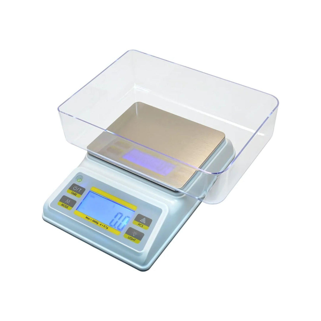 "A US-SCIENTIFIC Digital Scale with a stainless steel platform, backlit LCD display, and removable lid used as a tray, placed on a white surface." - Up N Smoke.