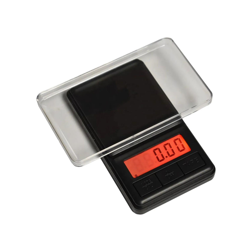 "A US-VADER 200g x 0.01 Digital Pocket Scale with its removable lid placed on the scale, showcasing the sleek black platform." - Up N Smoke.