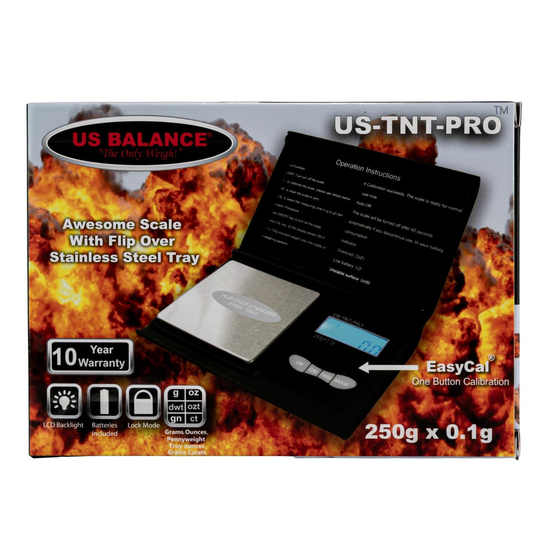 "US Balance US-TNT-Pro digital scale packaging with fiery background," - Up N Smoke.