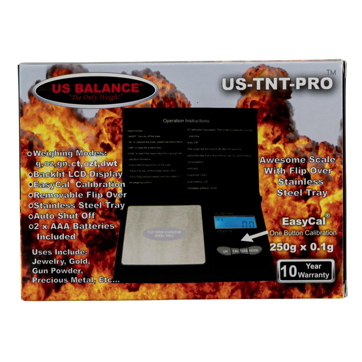 "US Balance US-TNT-Pro scale packaging with fiery design and product details," - Up N Smoke.
