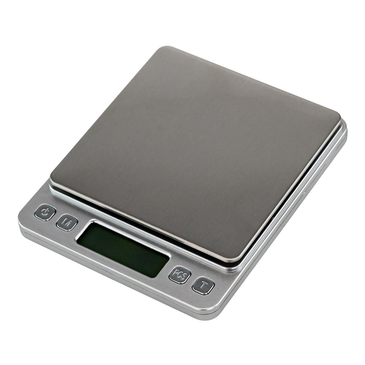 "Digital kitchen scale with a metallic finish on a white background," - Up N Smoke.