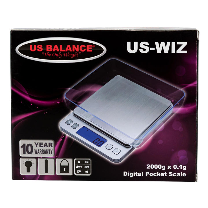 "US Balance digital pocket scale packaging with scale image and branding on a black background," - Up N Smoke.