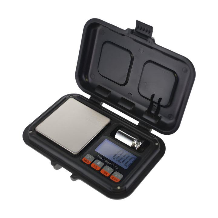 "US-Rugged Digital Pocket Scale with its lid open, showcasing the contents within," - Up N Smoke.