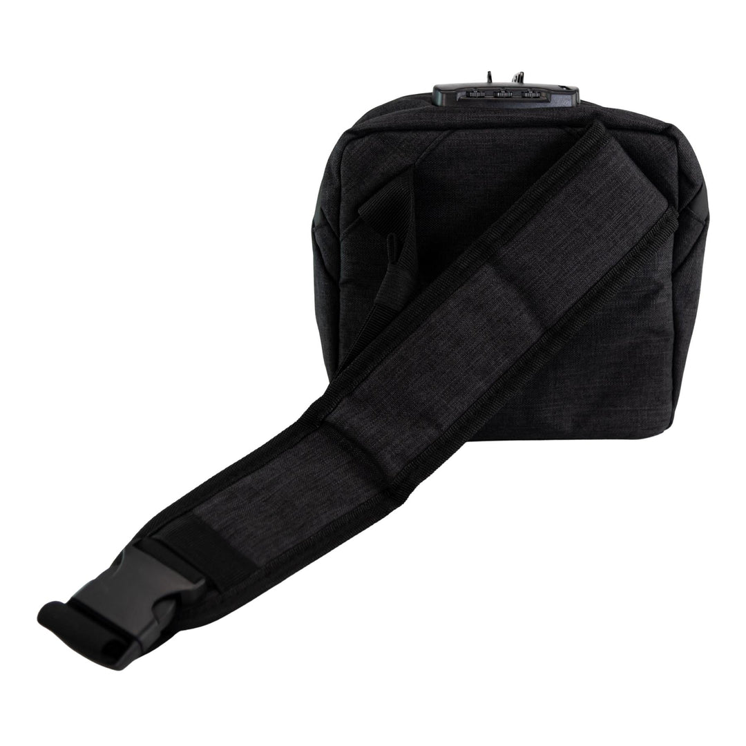 Up N Smoke Smell-Proof Locking Crossbody Bag black back of bag studio photo on a white background - Up N Smoke