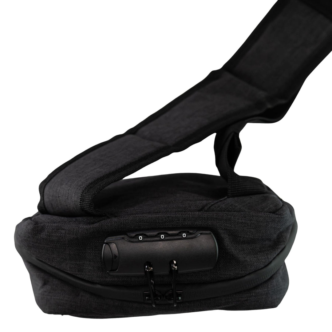 Up N Smoke Smell-Proof Locking Crossbody Bag black high angle showcasing lock studio photo on a white background - Up N Smoke