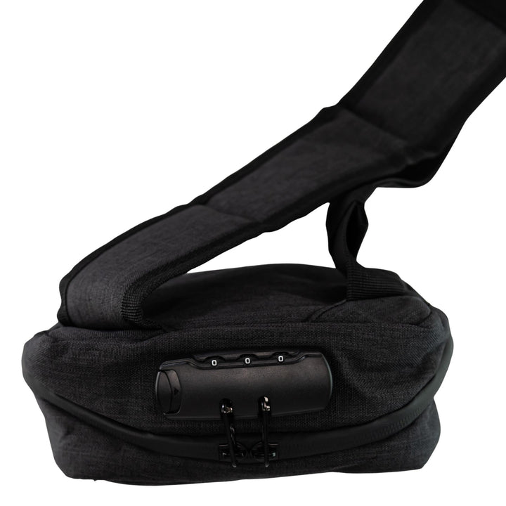Up N Smoke Smell-Proof Locking Crossbody Bag black high angle showcasing lock studio photo on a white background - Up N Smoke
