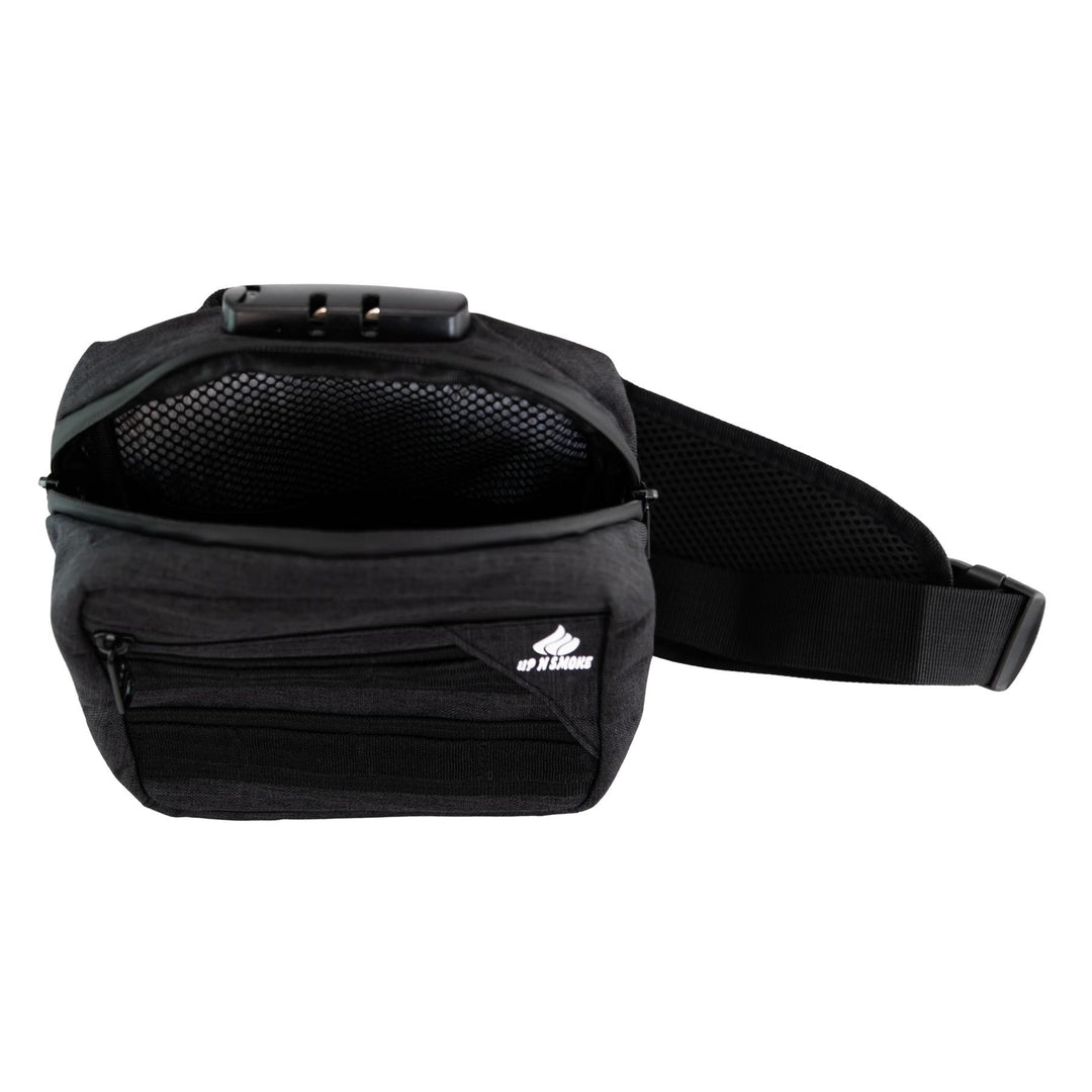 Up N Smoke Smell-Proof Locking Crossbody Bag black high angle showcasing inside of bag studio photo on a white background - Up N Smoke