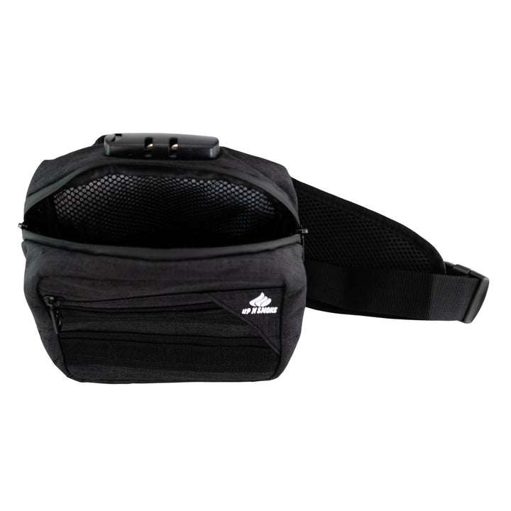Up N Smoke Smell-Proof Locking Crossbody Bag black high angle showcasing inside of bag studio photo on a white background - Up N Smoke