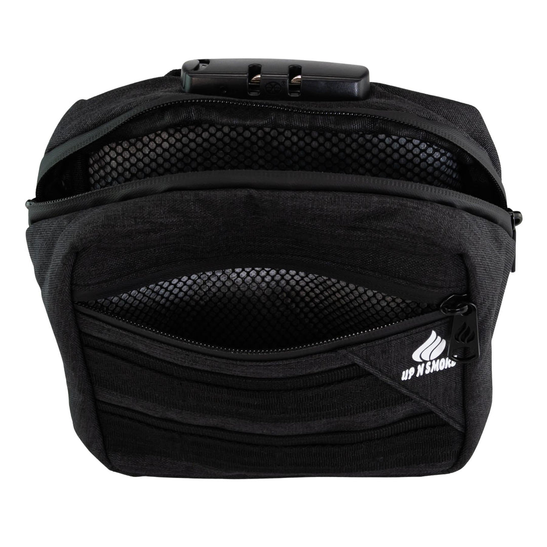 Up N Smoke Smell-Proof Locking Crossbody Bag black close up of zipper opened studio photo on a white background - Up N Smoke