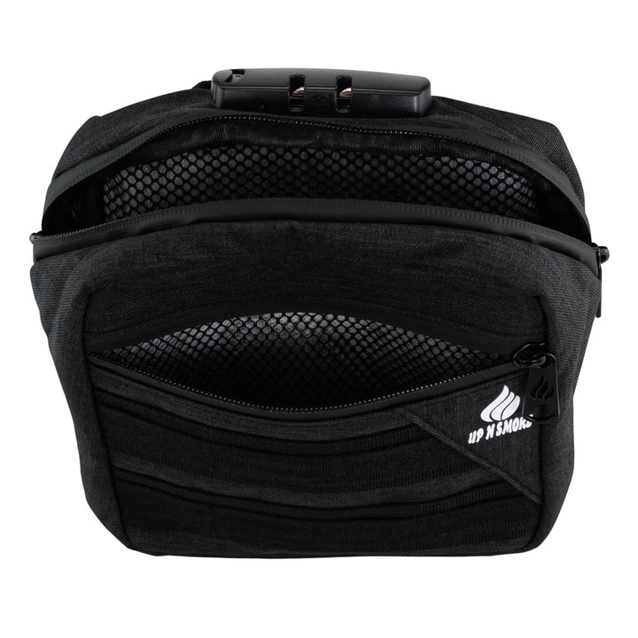 Up N Smoke Smell-Proof Locking Crossbody Bag black close up of zipper opened studio photo on a white background - Up N Smoke