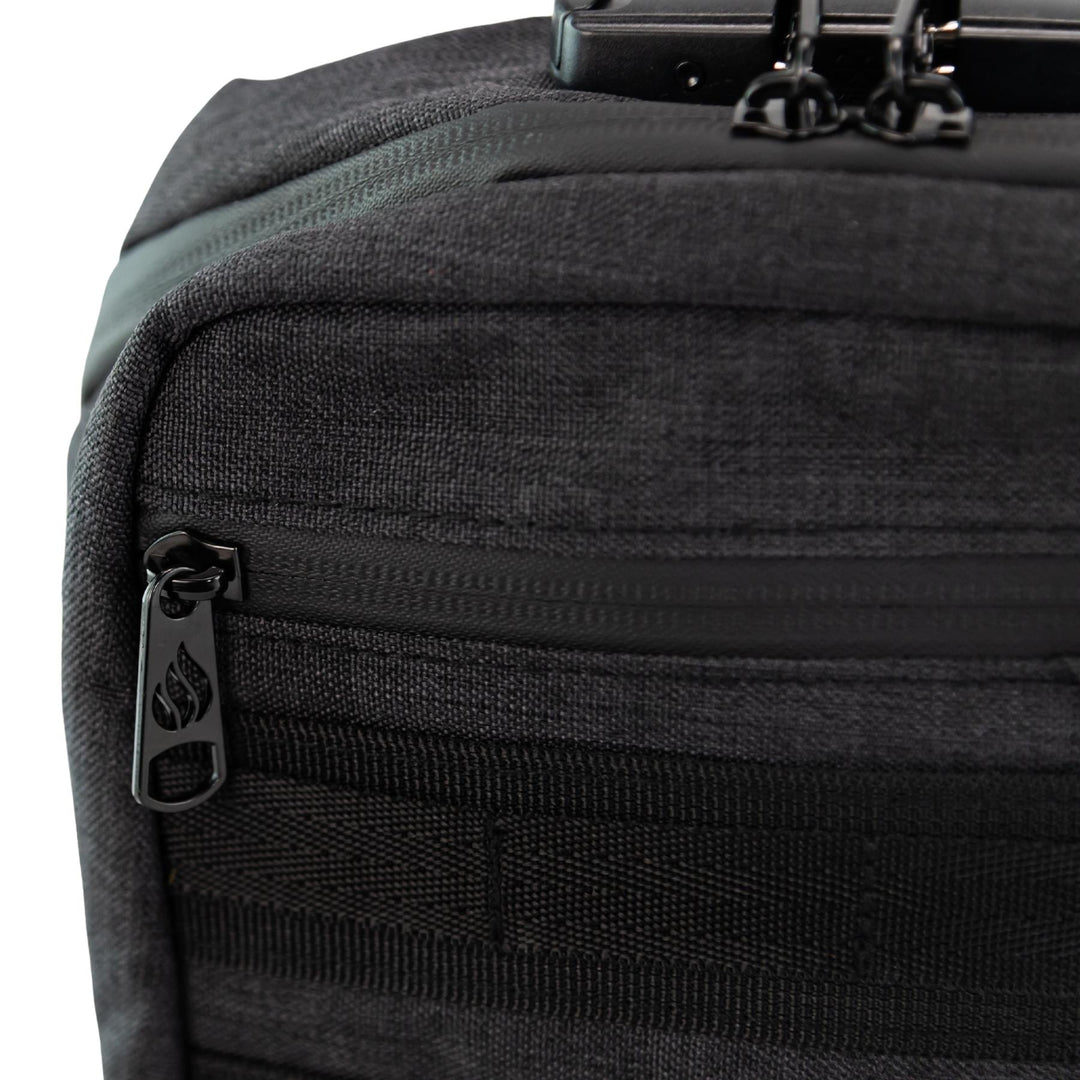 Up N Smoke Smell-Proof Locking Crossbody Bag black close up of zipper design studio photo on a white background - Up N Smoke