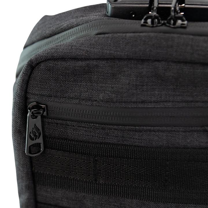 Up N Smoke Smell-Proof Locking Crossbody Bag black close up of zipper design studio photo on a white background - Up N Smoke