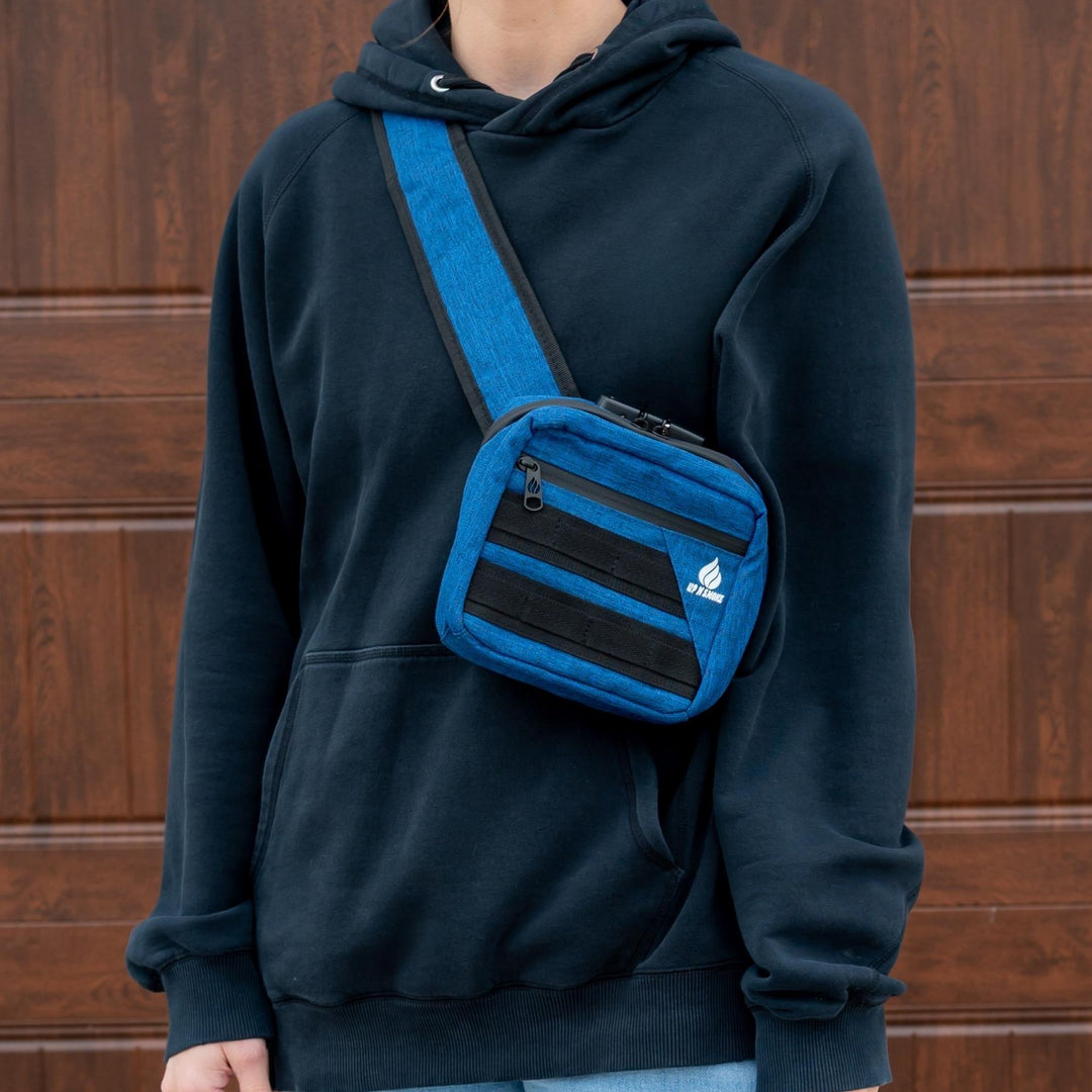 Up N Smoke Smell-Proof Locking Crossbody Bag blue styled photo with bag being worn - Up N Smoke