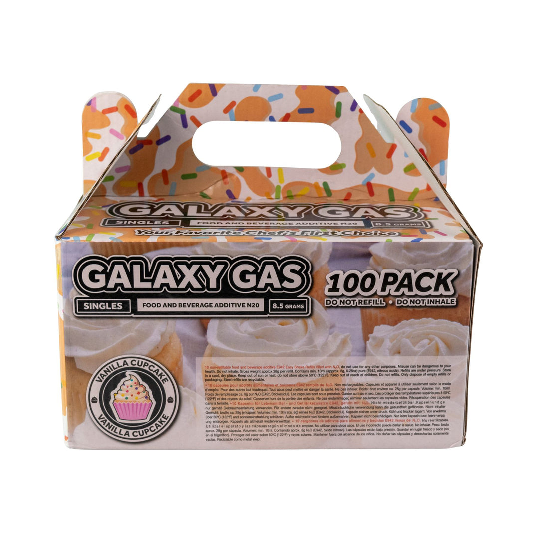 "Back of a Vanilla Cupcake Galaxy Gas 100ct on a white background," - Up N Smoke.