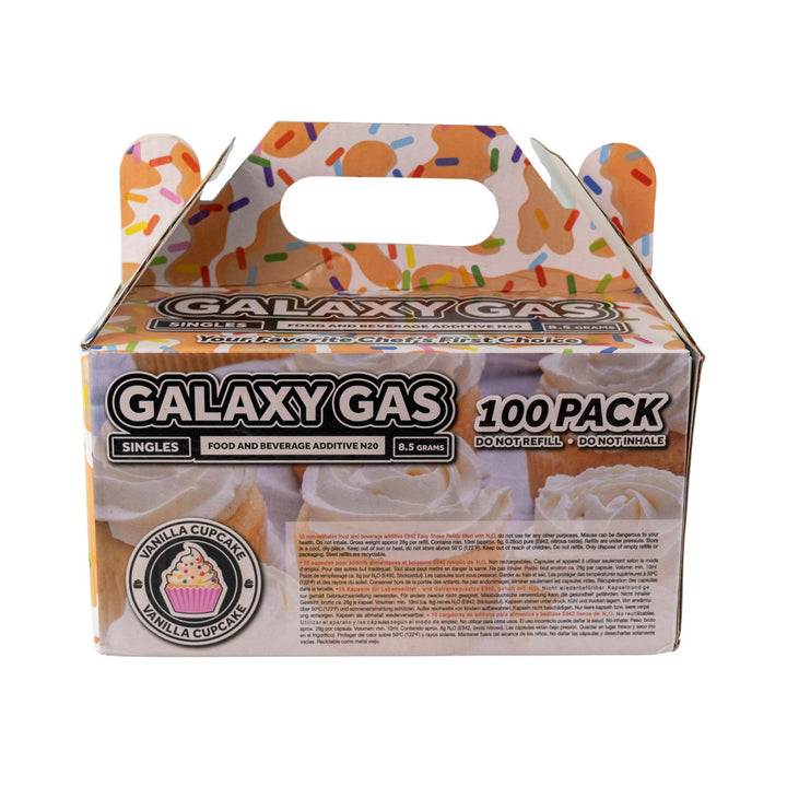 "Back of a Vanilla Cupcake Galaxy Gas 100ct on a white background," - Up N Smoke.