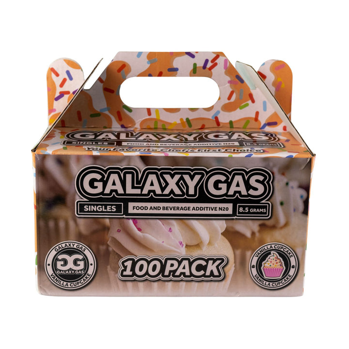 "Front of a 100ct box of Vanilla Cupcake Galaxy Gas on a white background," - Up N Smoke.