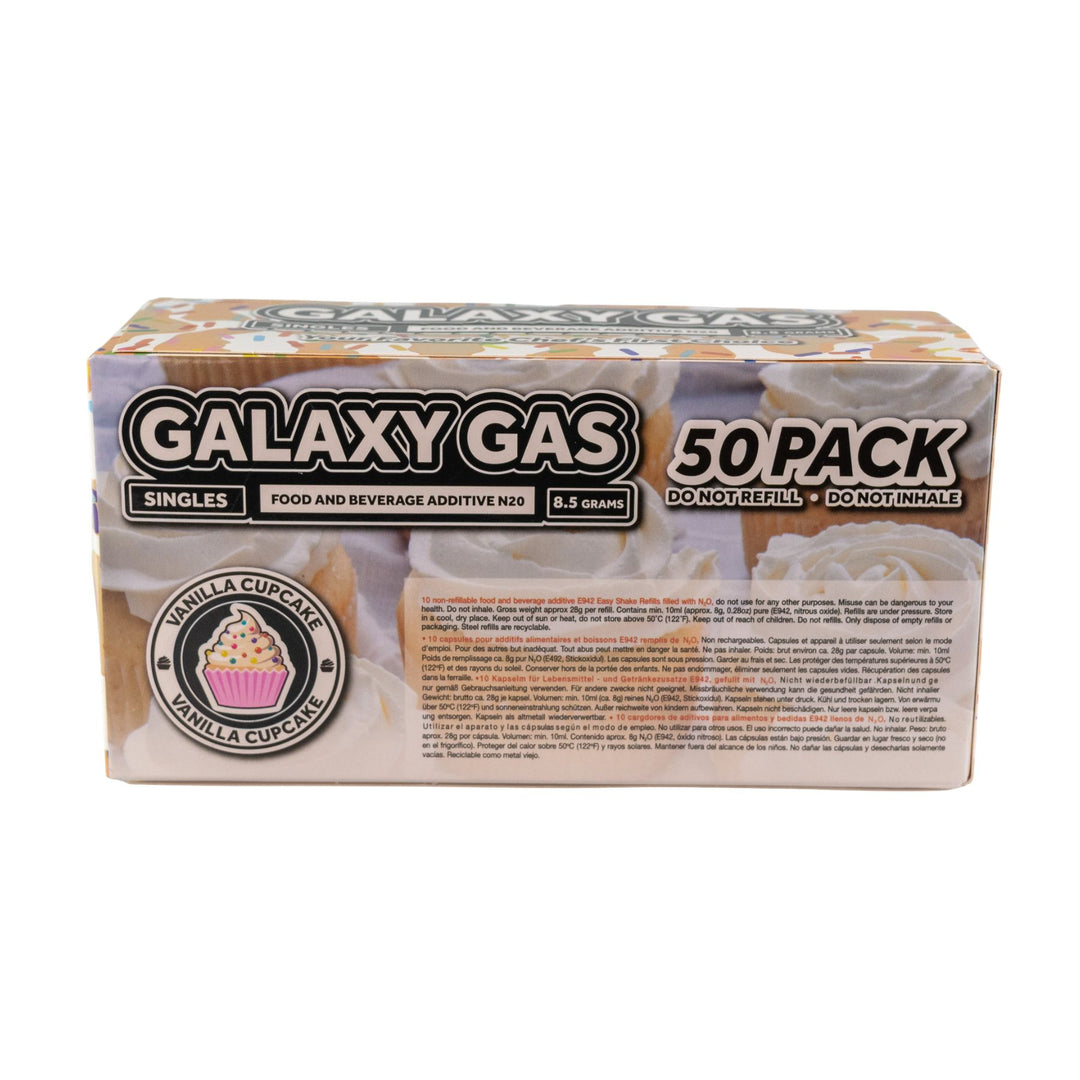 "Back of a 5-ct box of Vanilla Cupcake Galaxy Gas on a white background," - Up N Smoke.