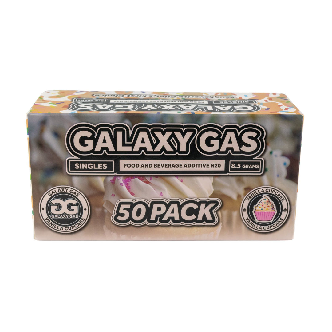 "Front of a 50ct box of Vanilla Cupcake Galaxy Gas on a white background," - Up N Smoke.